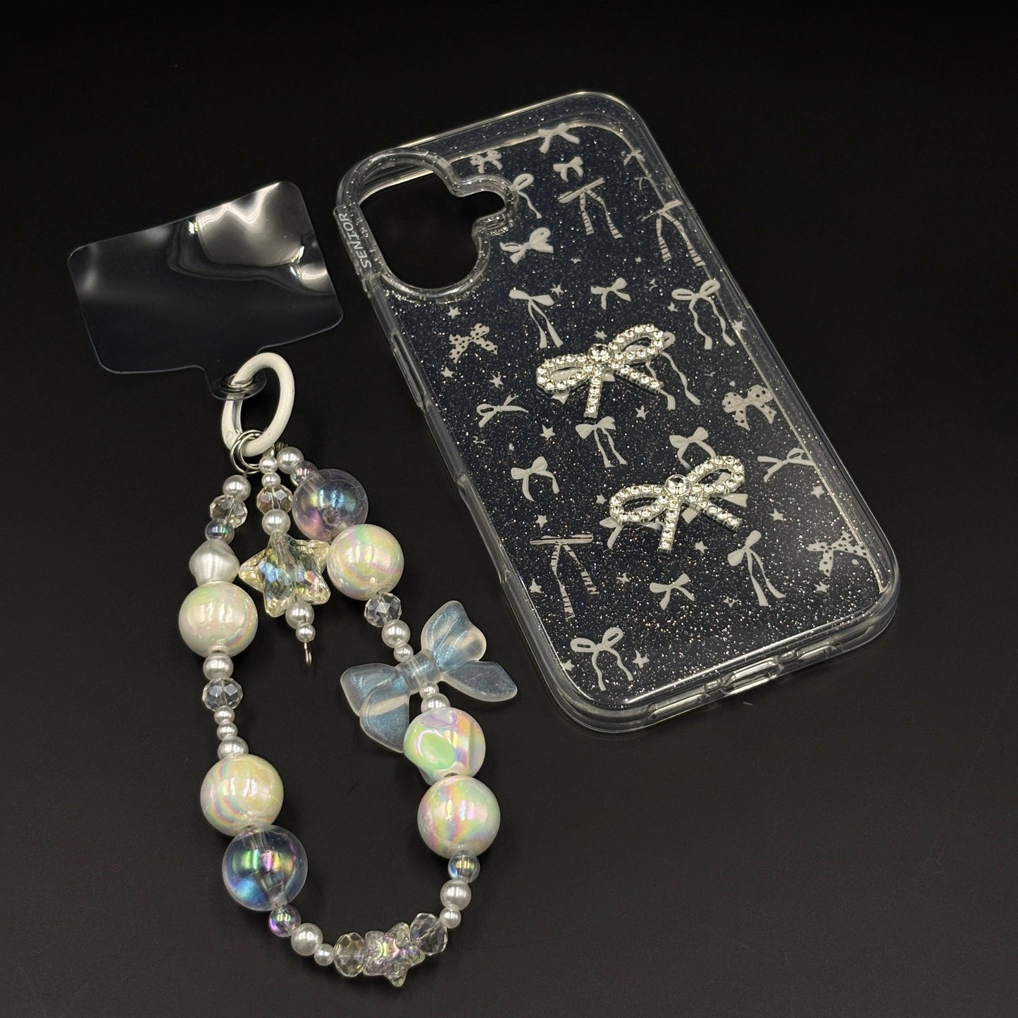 Silver Bow Sparkle Glitter Mobile Case Cover with Pearl Strap Holder for iPhone 17