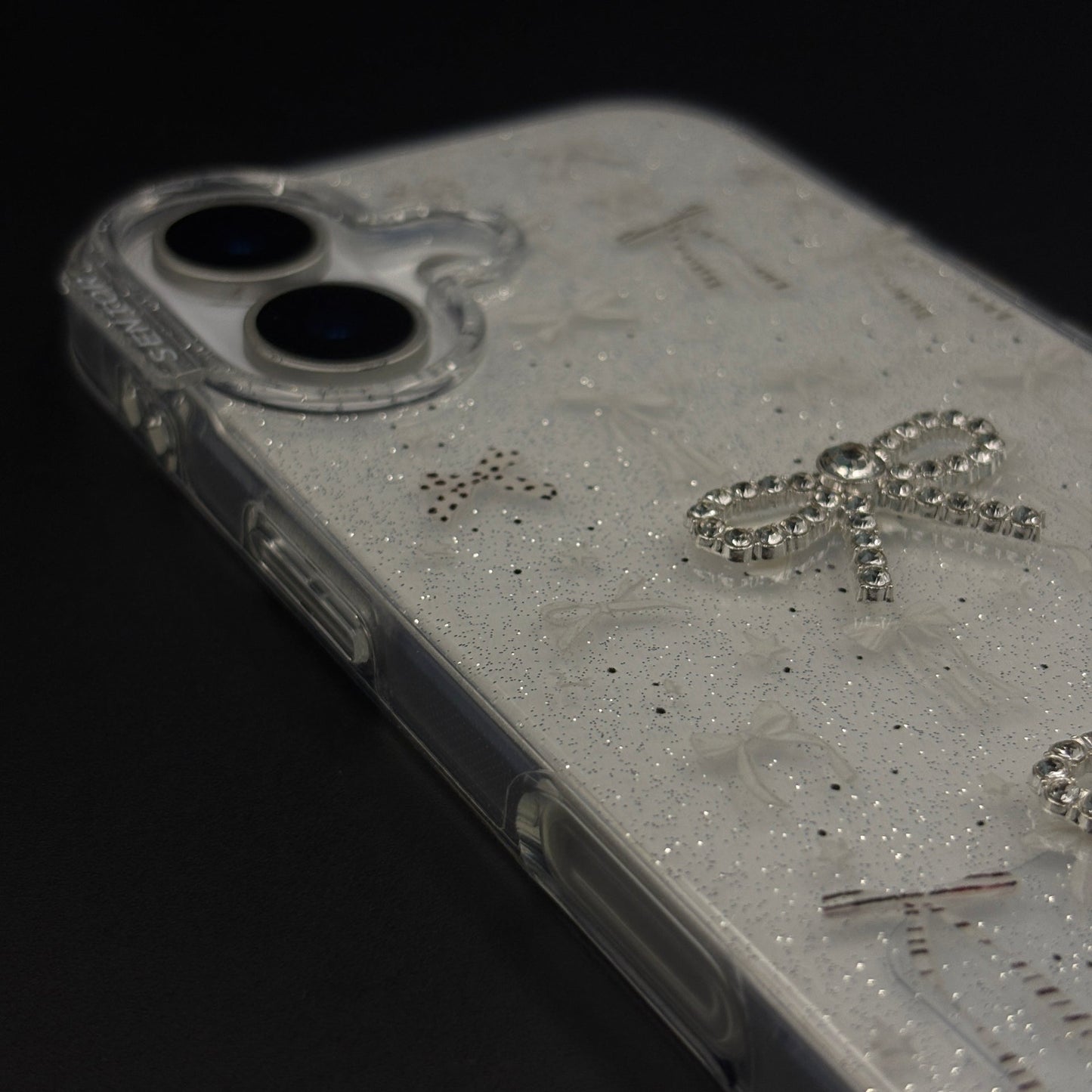Silver Bow Sparkle Glitter Mobile Case Cover with Pearl Strap Holder for iPhone 17