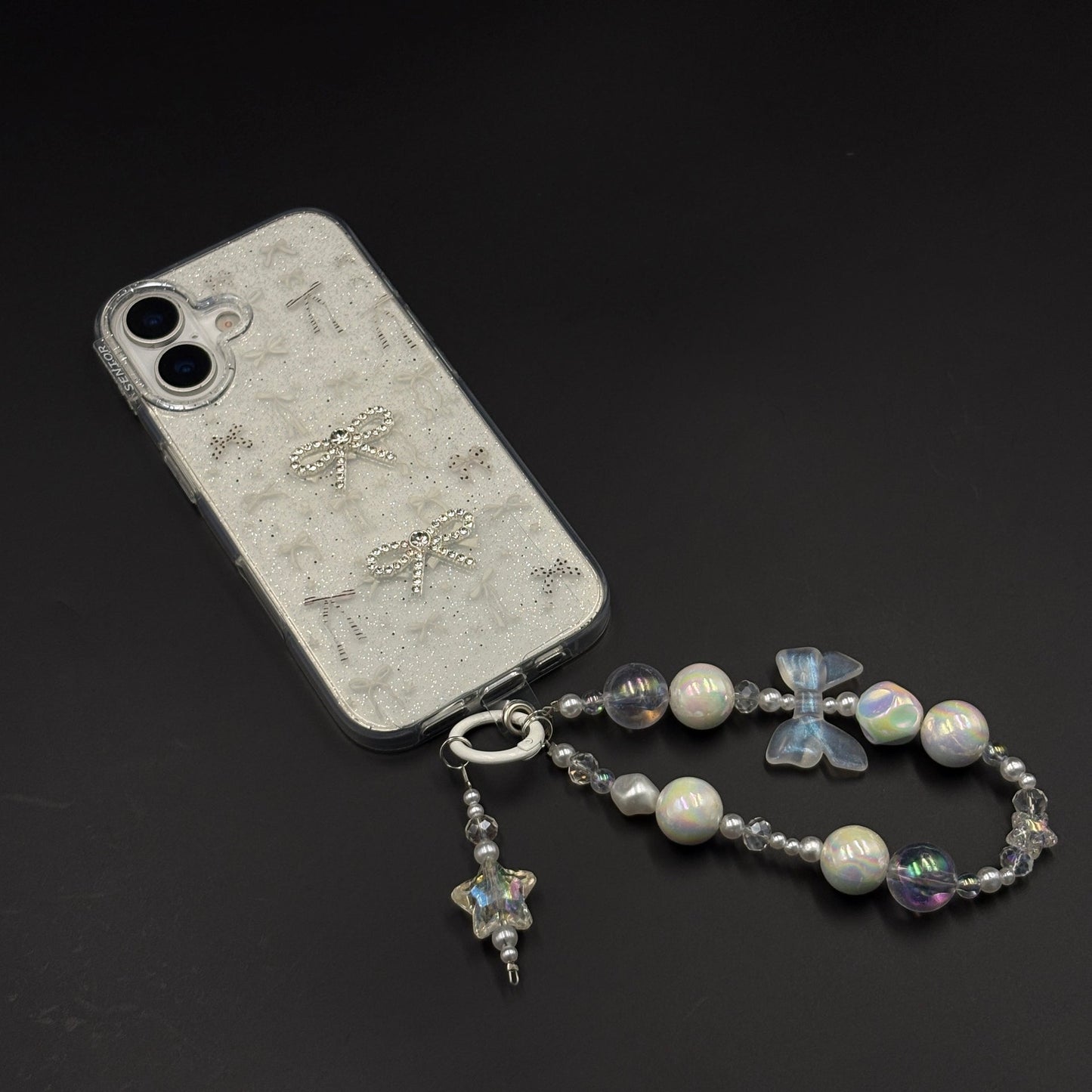 Silver Bow Sparkle Glitter Mobile Case Cover with Pearl Strap Holder for iPhone 17