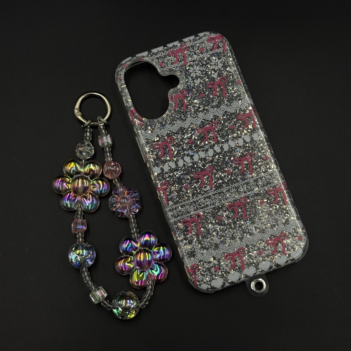 Cherry Bow Glitter Sparkle Mobile Case Cover with Pearl Strap Holder for iPhone 17