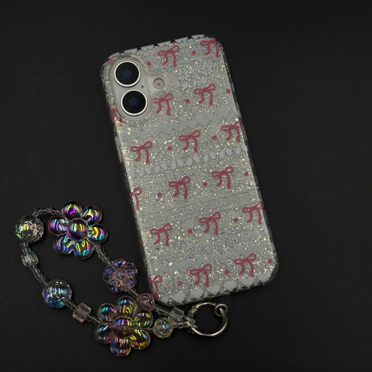 Cherry Bow Glitter Sparkle Mobile Case Cover with Pearl Strap Holder for iPhone 17