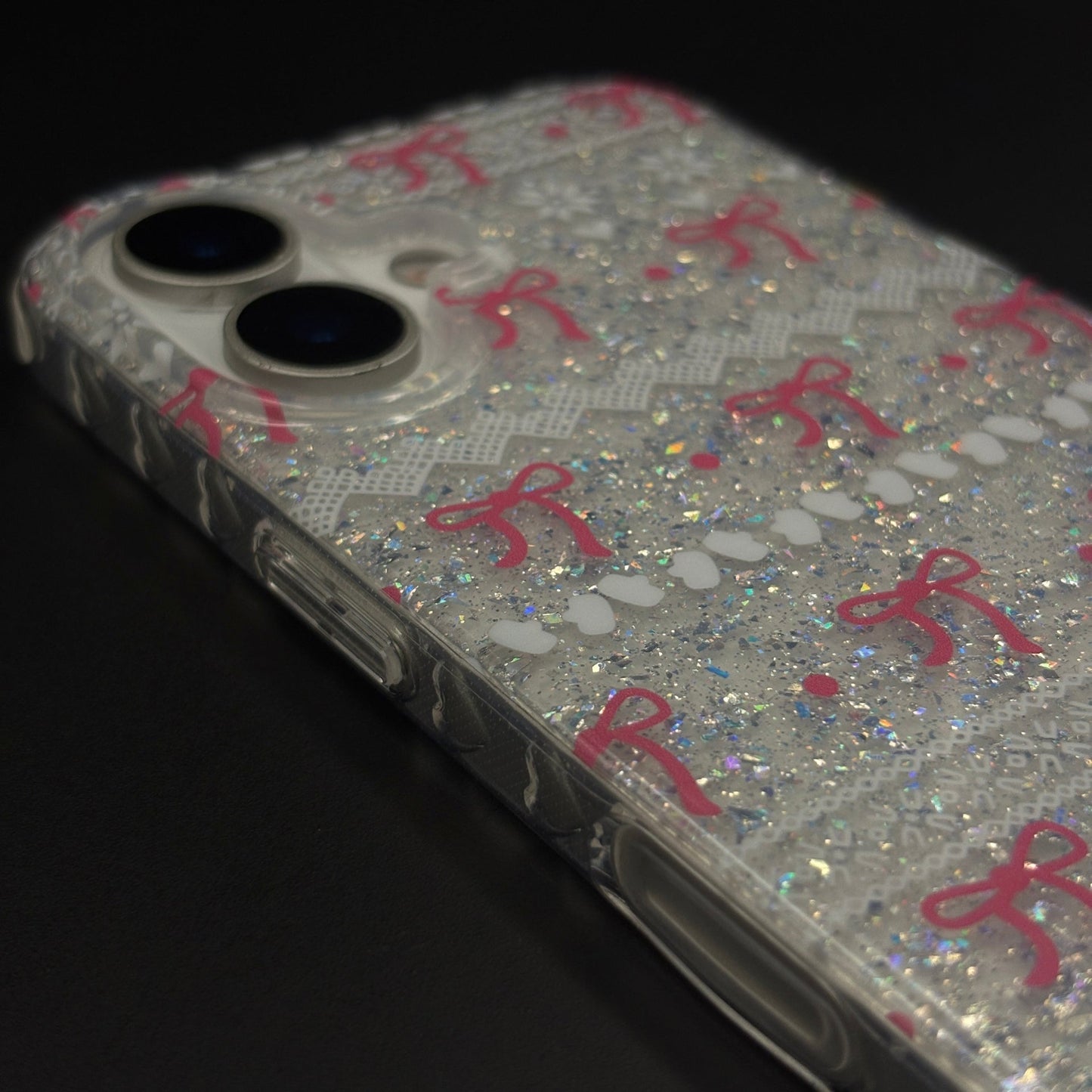 Cherry Bow Glitter Sparkle Mobile Case Cover with Pearl Strap Holder for iPhone 17