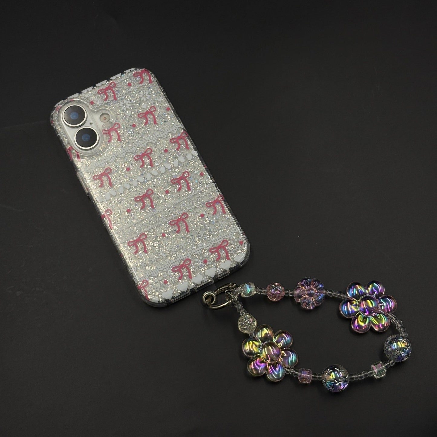 Cherry Bow Glitter Sparkle Mobile Case Cover with Pearl Strap Holder for iPhone 17
