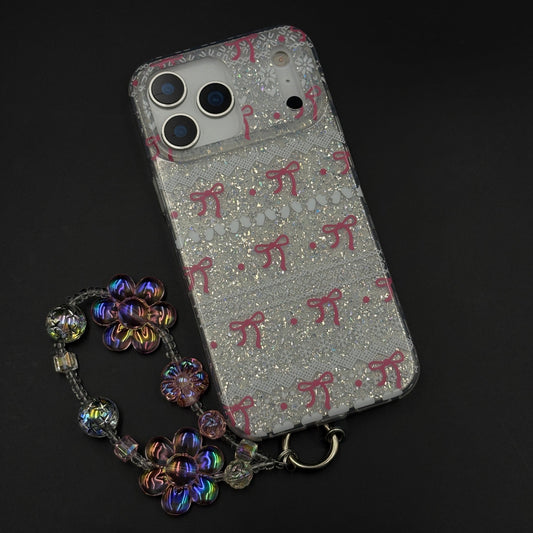 Cherry Bow Glitter Sparkle Mobile Case Cover with Pearl Strap Holder for iPhone 17 Series