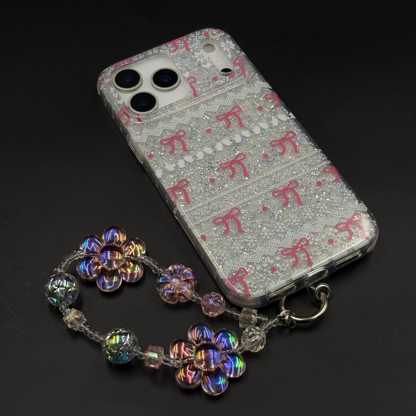 Cherry Bow Glitter Sparkle Mobile Case Cover with Pearl Strap Holder for iPhone 17 Series