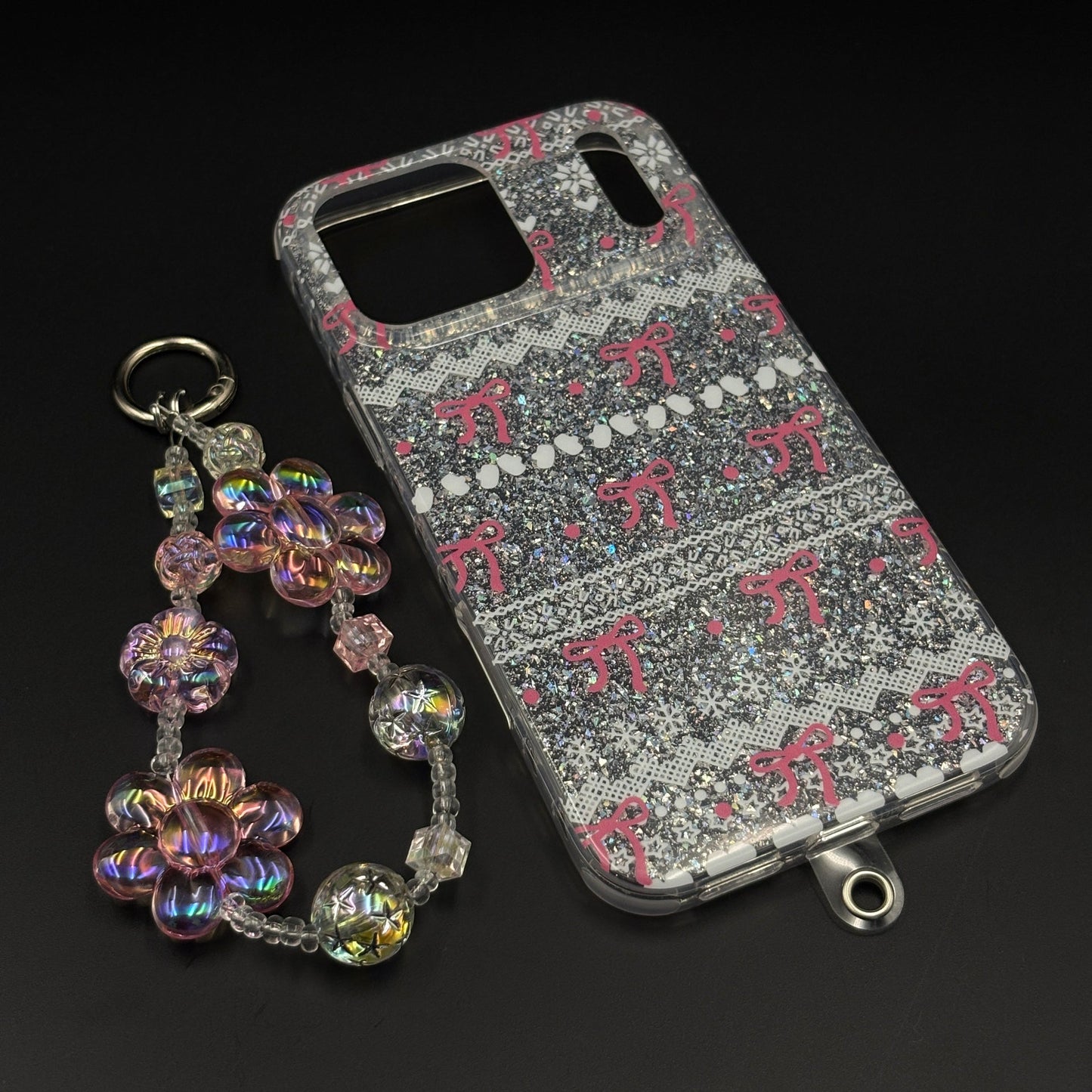 Cherry Bow Glitter Sparkle Mobile Case Cover with Pearl Strap Holder for iPhone 17 Series