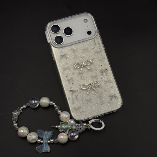 Silver Bow Sparkle Glitter Mobile Case Cover with Pearl Strap Holder for iPhone 17 Series