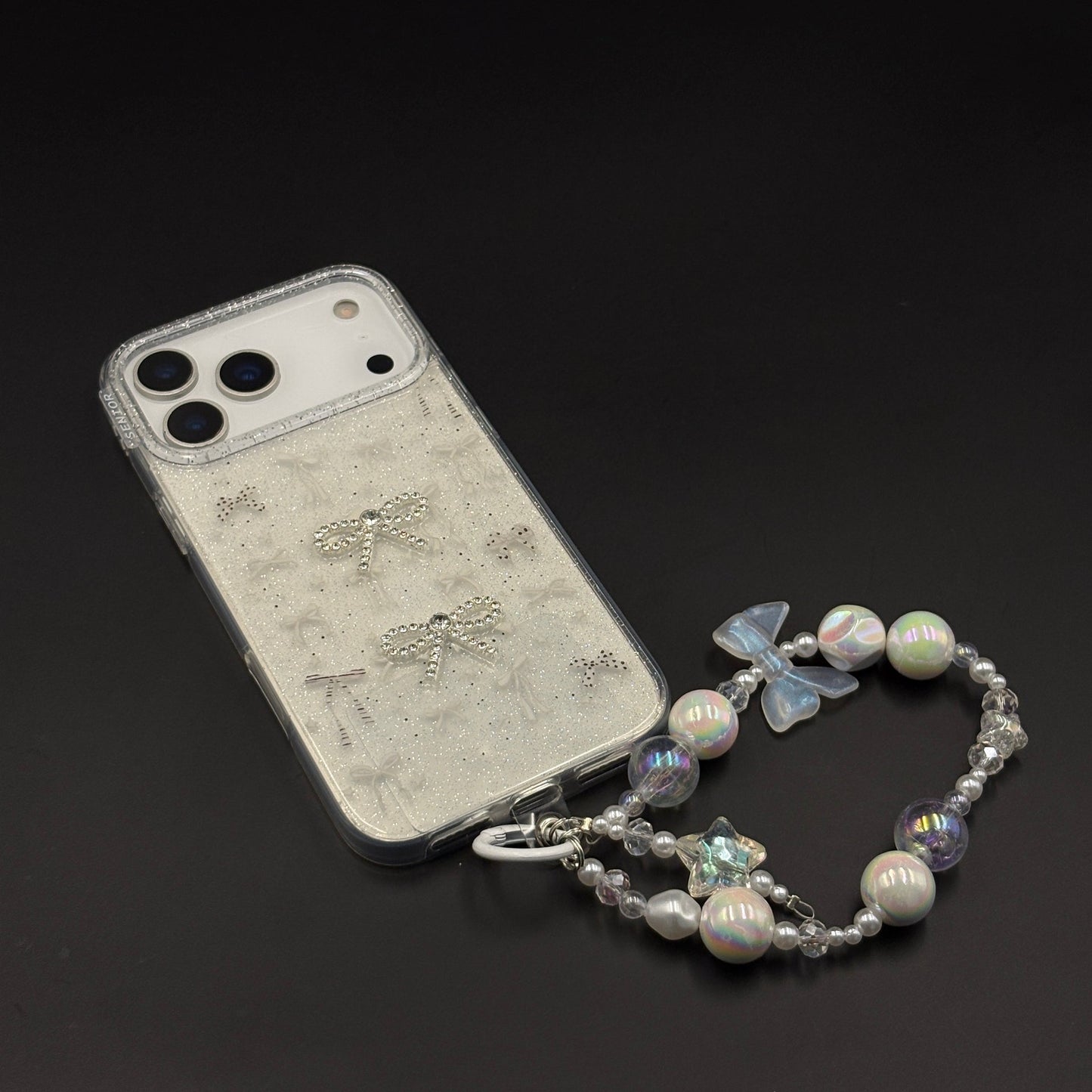 Silver Bow Sparkle Glitter Mobile Case Cover with Pearl Strap Holder for iPhone 17 Series