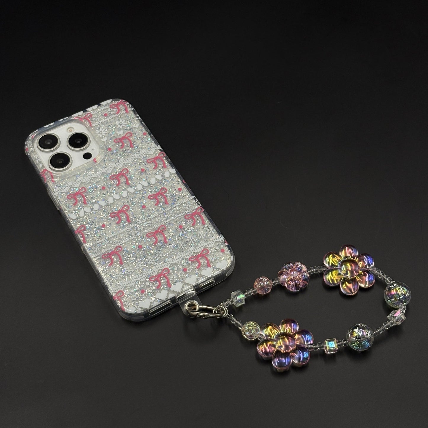 Cherry Bow Glitter Sparkle Mobile Case Cover with Pearl Strap Holder for iPhone