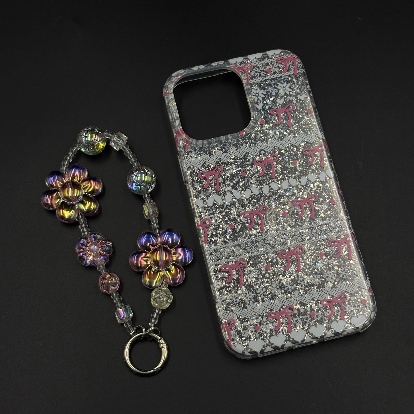 Cherry Bow Glitter Sparkle Mobile Case Cover with Pearl Strap Holder for iPhone