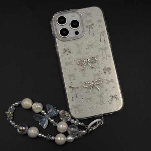 Silver Bow Sparkle Glitter Mobile Case Cover with Pearl Strap Holder for iPhone