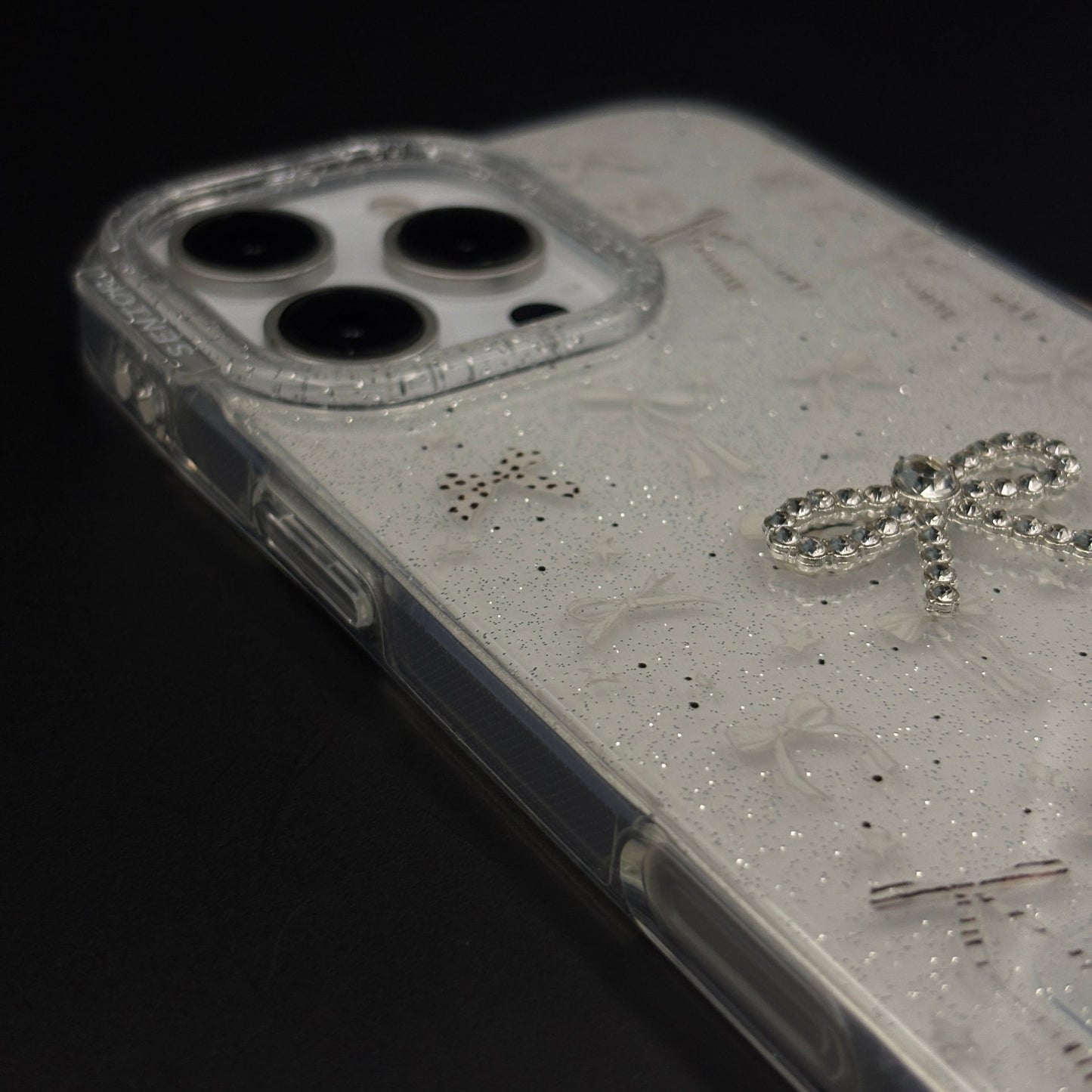 Silver Bow Sparkle Glitter Mobile Case Cover with Pearl Strap Holder for iPhone