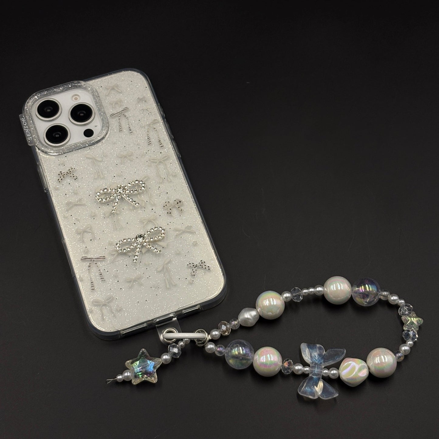 Silver Bow Sparkle Glitter Mobile Case Cover with Pearl Strap Holder for iPhone