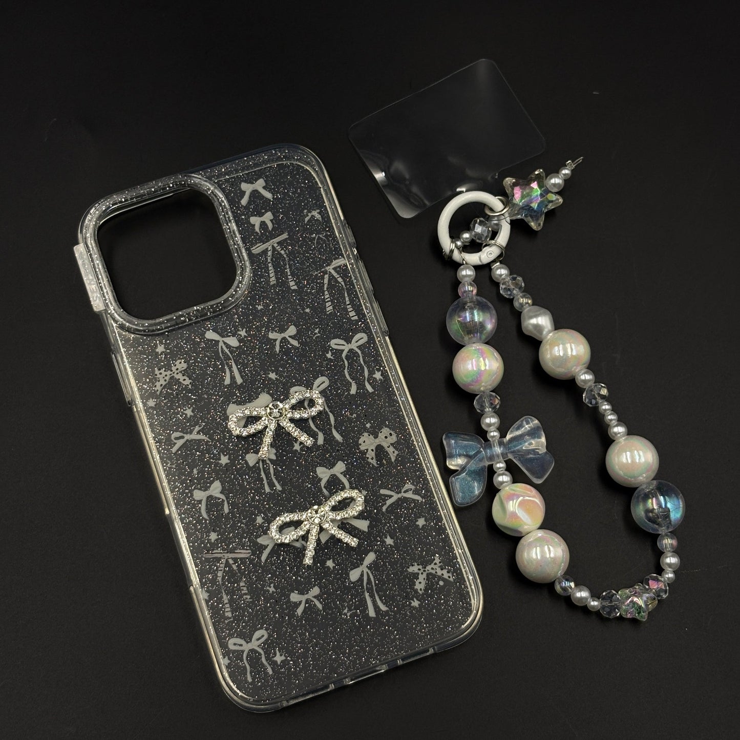Silver Bow Sparkle Glitter Mobile Case Cover with Pearl Strap Holder for iPhone