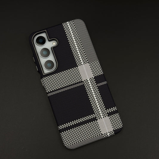 Ivory Plaid Black Phone Case Cover for Samsung Galaxy S24 | S25 | Rare Aramid Texture Finish | Real Carbon Fibre Feel | Hidden MagSafe