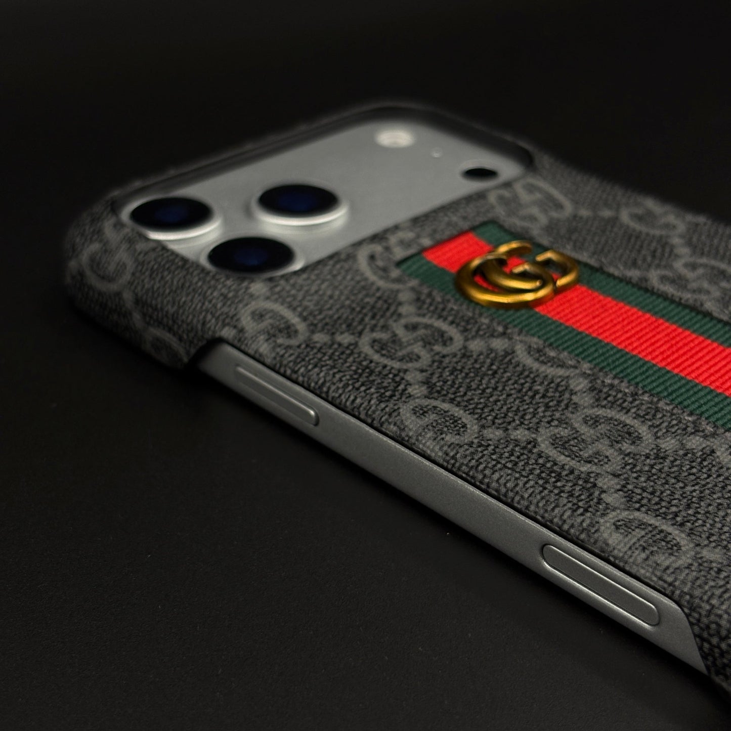 GG Embossed Stripe Black Case for iPhone 17 Series | Classic Monogram Premium Designer Cover