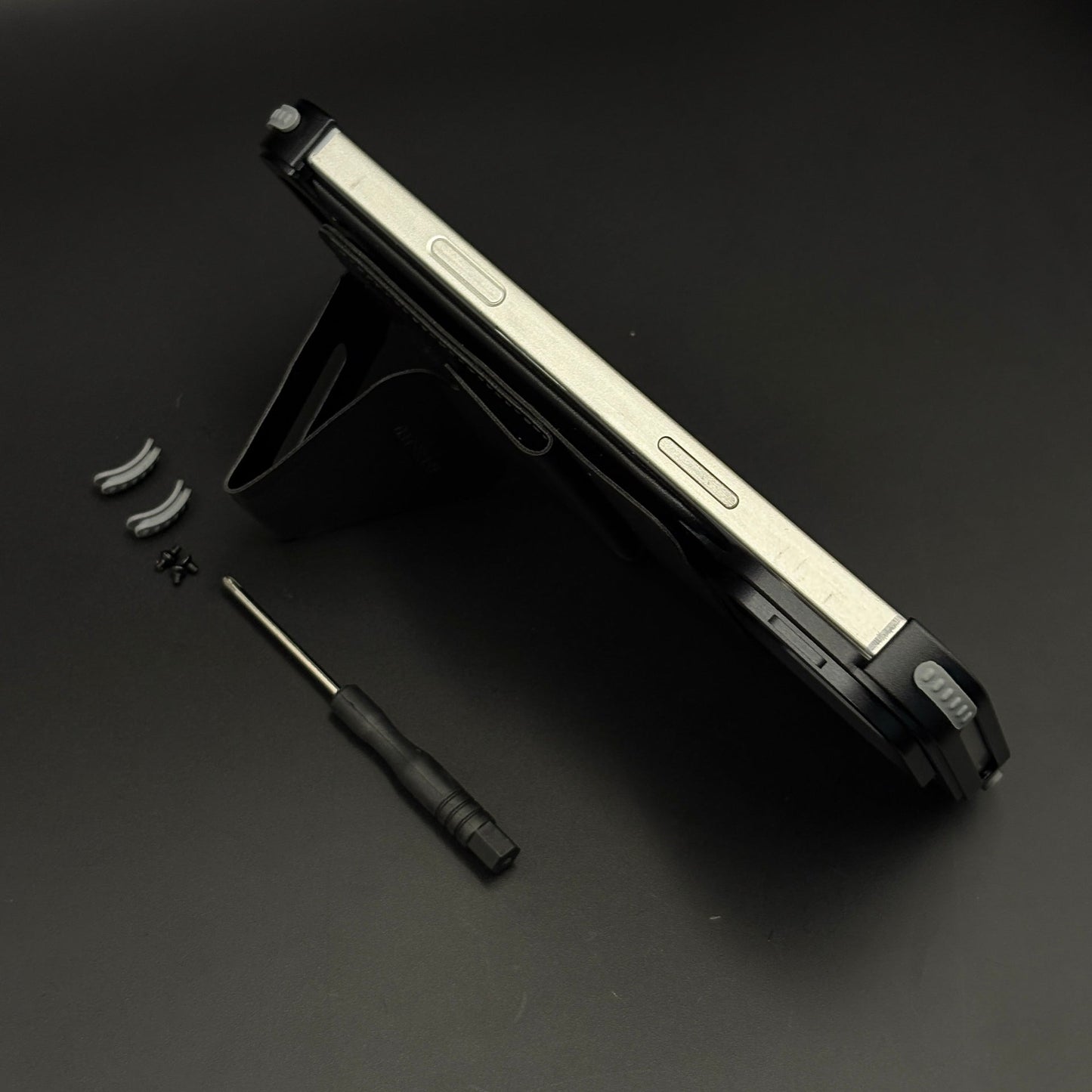 Frameless Border Metal Case with Leather Finish and Stand for iPhone 16 Series
