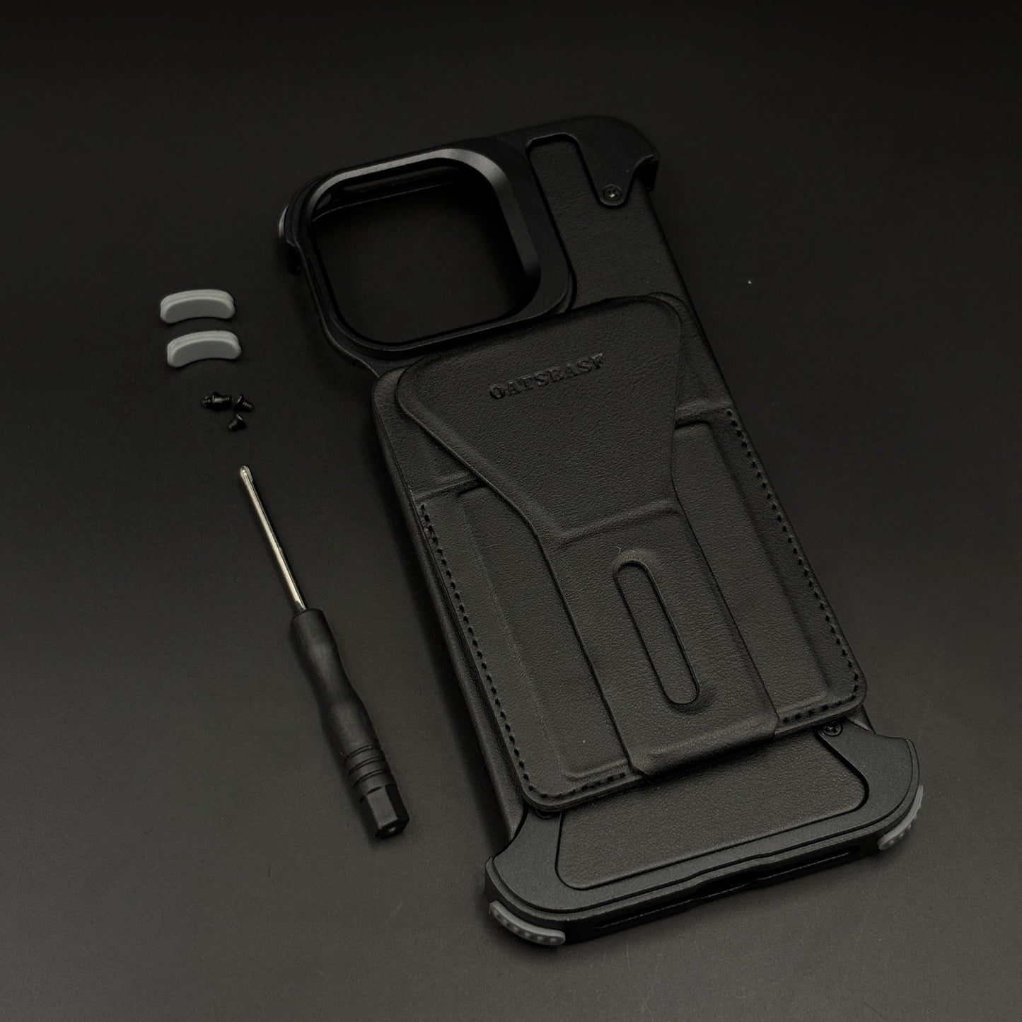 Frameless Border Metal Case with Leather Finish and Stand for iPhone 16 Series