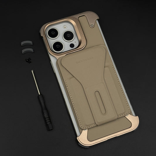 Frameless Border Metal Case with Leather Finish and Stand for iPhone 16 Series