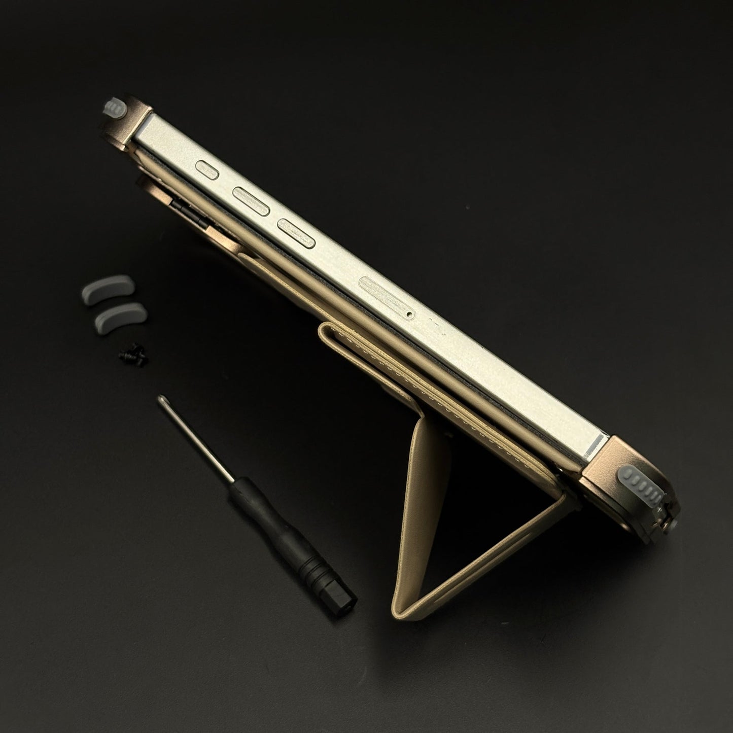 Frameless Border Metal Case with Leather Finish and Stand for iPhone 16 Series