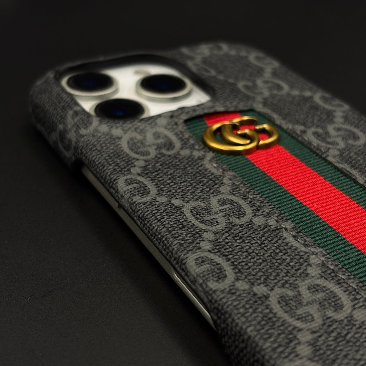 GG Embossed Stripe Black Case for iPhone | Classic Monogram Premium Designer Cover
