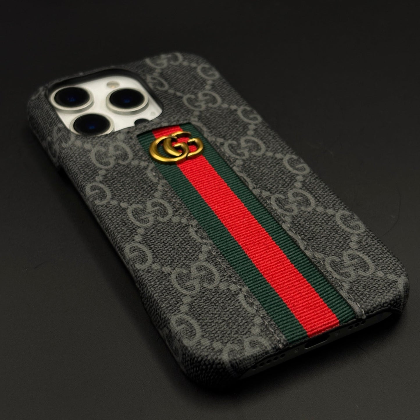 GG Embossed Stripe Black Case for iPhone | Classic Monogram Premium Designer Cover