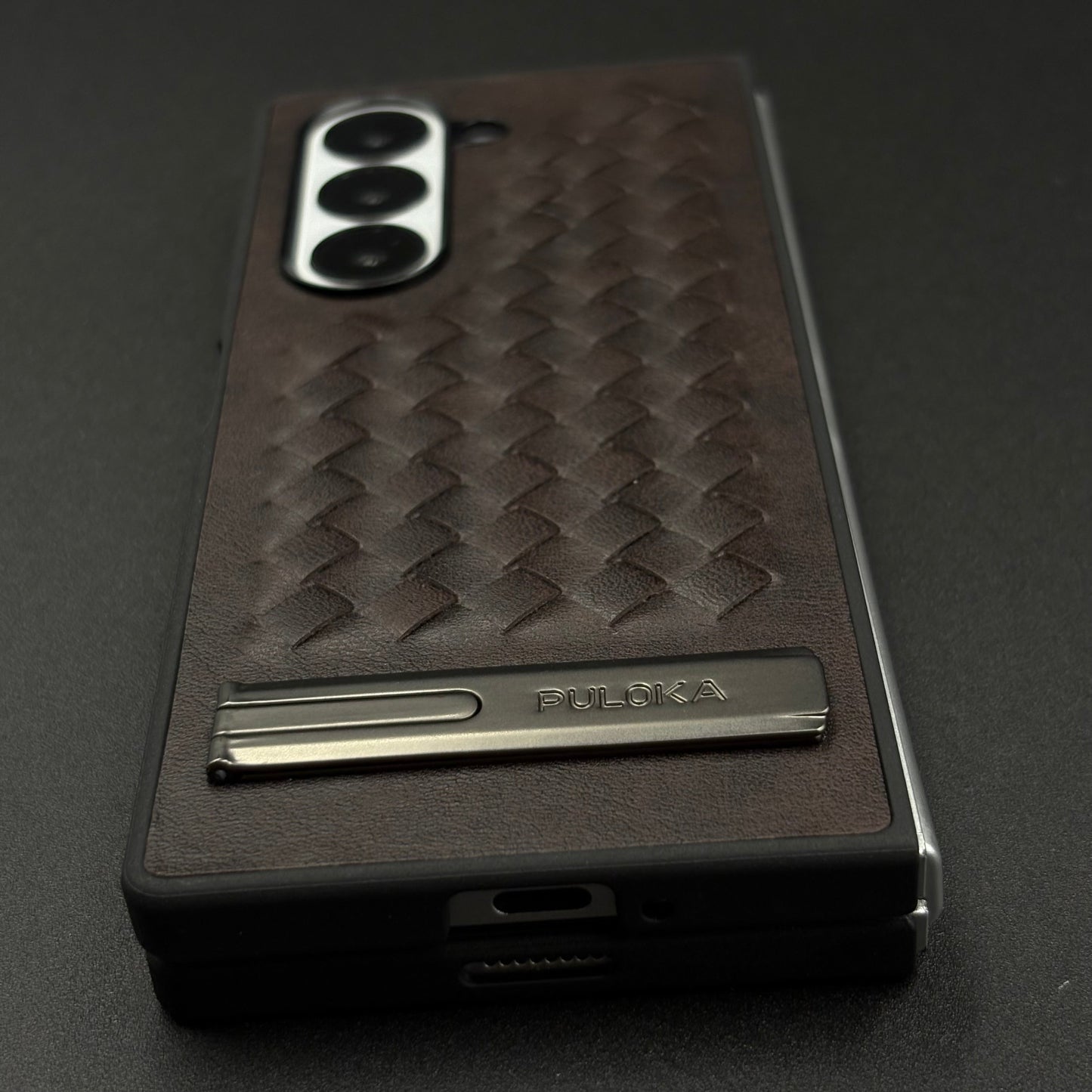 Premium Grid Leather Feel Case with Metal Kickstand For Samsung Galaxy Z Fold 6 | Woven Texture | Executive Style Protection