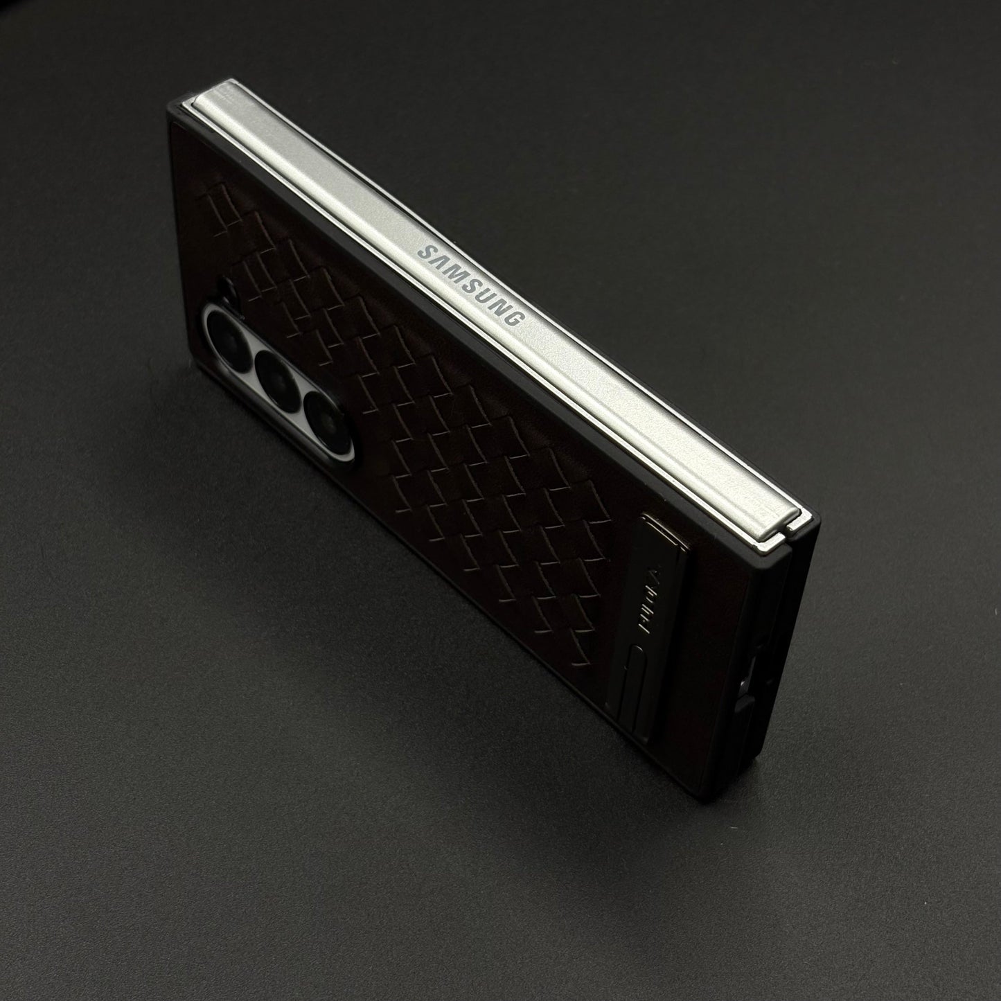 Premium Grid Leather Feel Case with Metal Kickstand For Samsung Galaxy Z Fold 6 | Woven Texture | Executive Style Protection