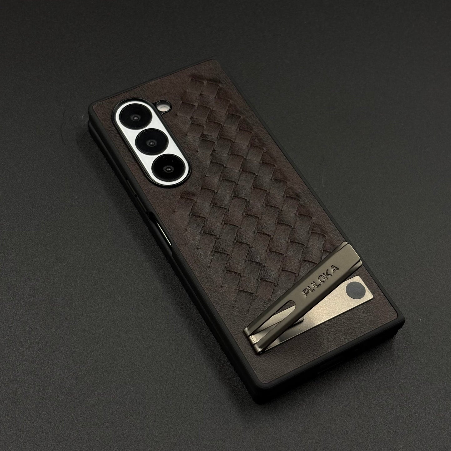 Premium Grid Leather Feel Case with Metal Kickstand For Samsung Galaxy Z Fold 6 | Woven Texture | Executive Style Protection