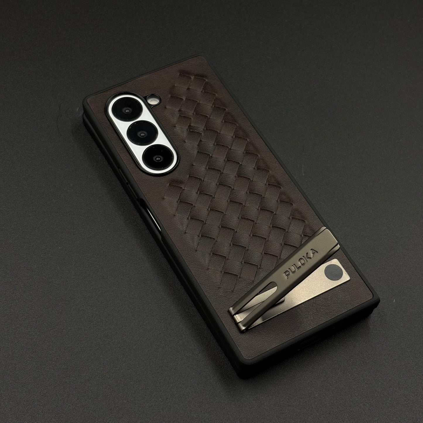 Premium Grid Leather Feel Case with Metal Kickstand For Samsung Galaxy Z Fold 6 | Woven Texture | Executive Style Protection