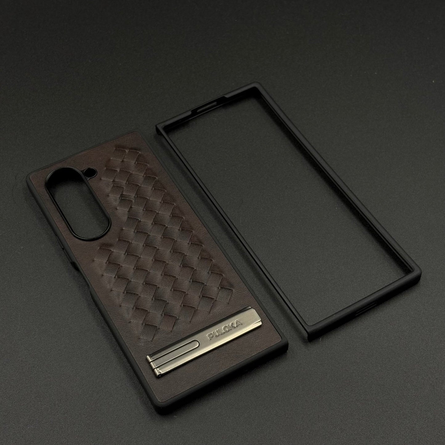Premium Grid Leather Feel Case with Metal Kickstand For Samsung Galaxy Z Fold 6 | Woven Texture | Executive Style Protection