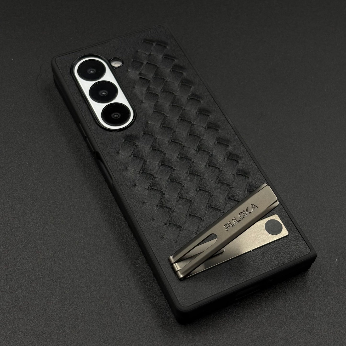 Premium Grid Leather Feel Case with Metal Kickstand For Samsung Galaxy Z Fold 6 | Woven Texture | Executive Style Protection