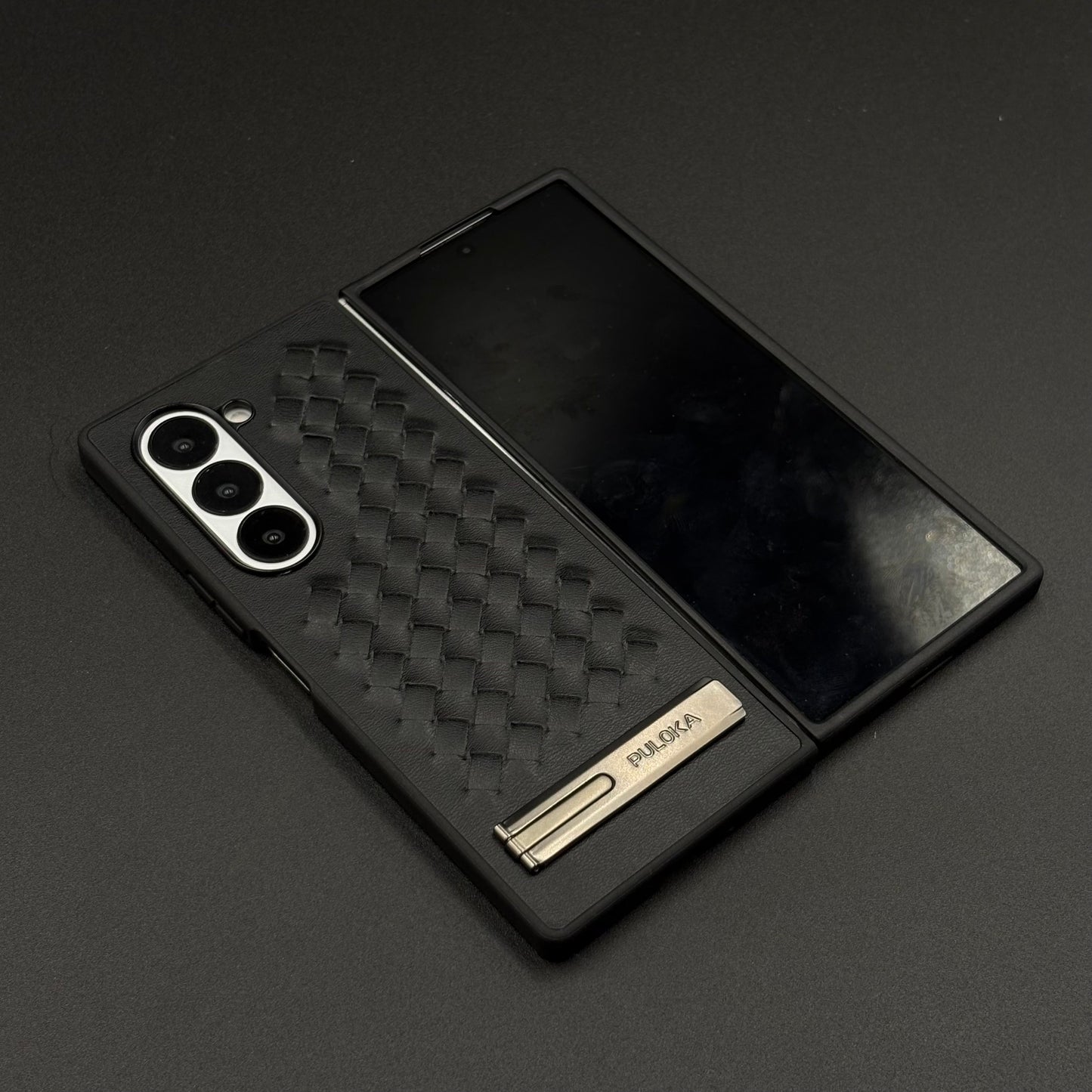 Premium Grid Leather Feel Case with Metal Kickstand For Samsung Galaxy Z Fold 6 | Woven Texture | Executive Style Protection
