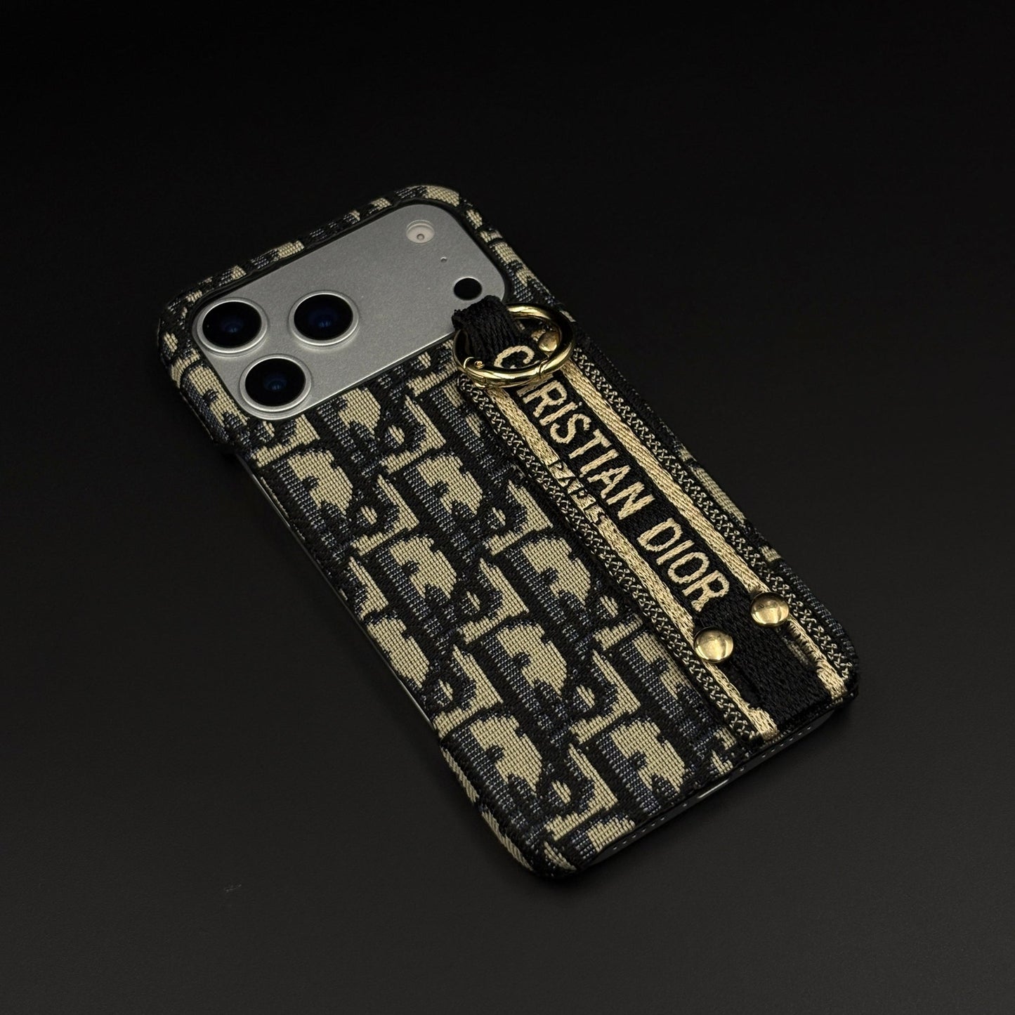 CD Embroidered Belt Strap Case for iPhone 17 Series | Designer Fabric Holder