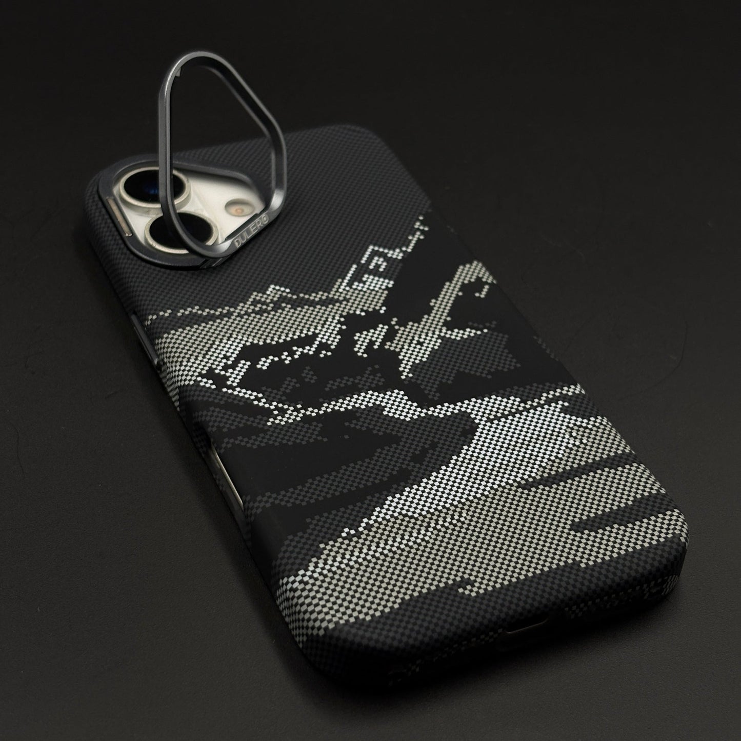 Pixel Camo Black Carbon Fibre Hidden MagSafe Case with Camera Kickstand for iPhone 17