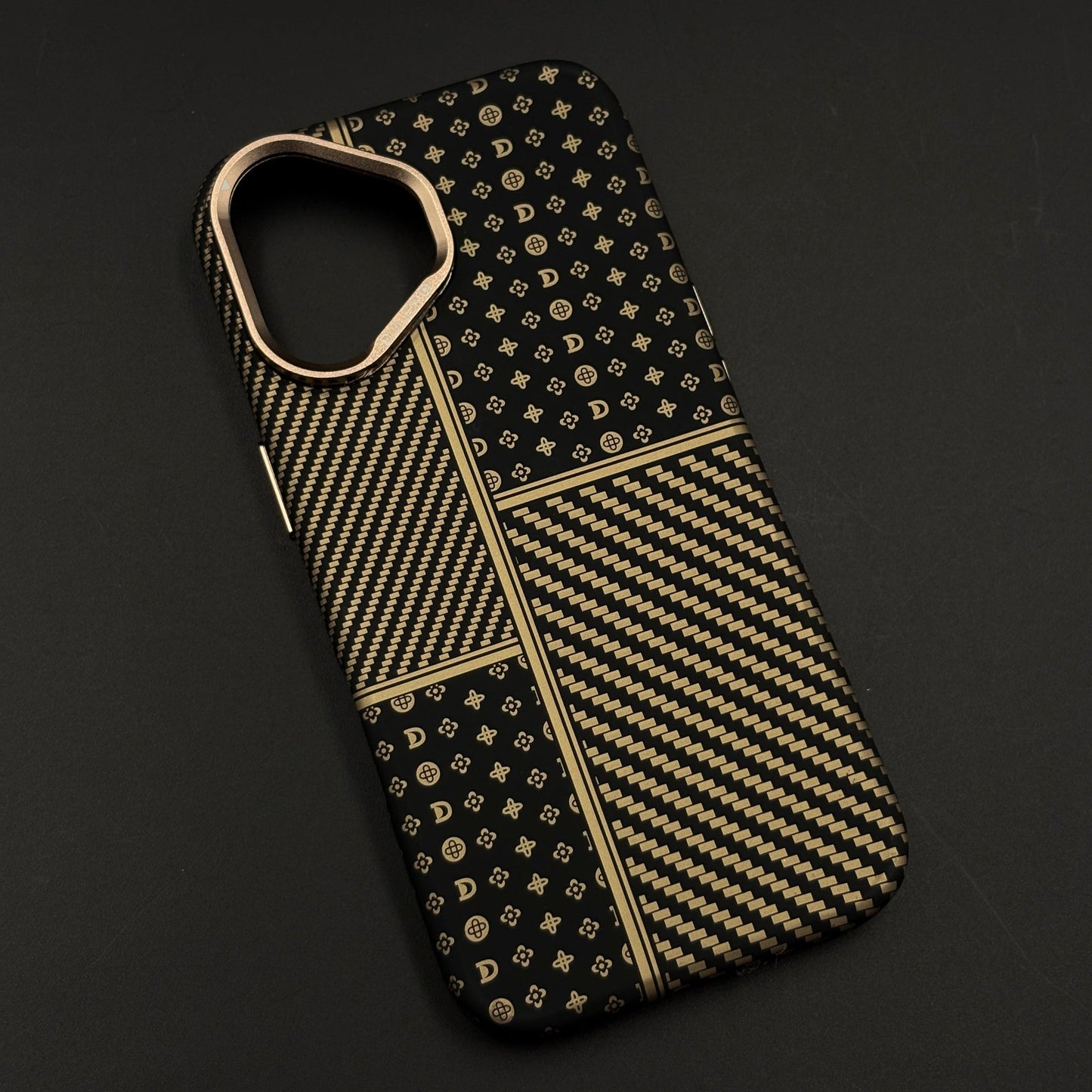 Gold Heritage Carbon Fibre Hidden MagSafe Case with Camera Kickstand for iPhone 17