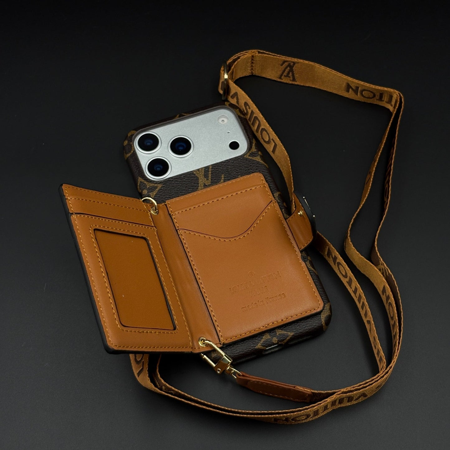 Luxury Monogram Cardholder Wallet Case with Crossbody Sling for iPhone 17 Series | Designer Brown Edition