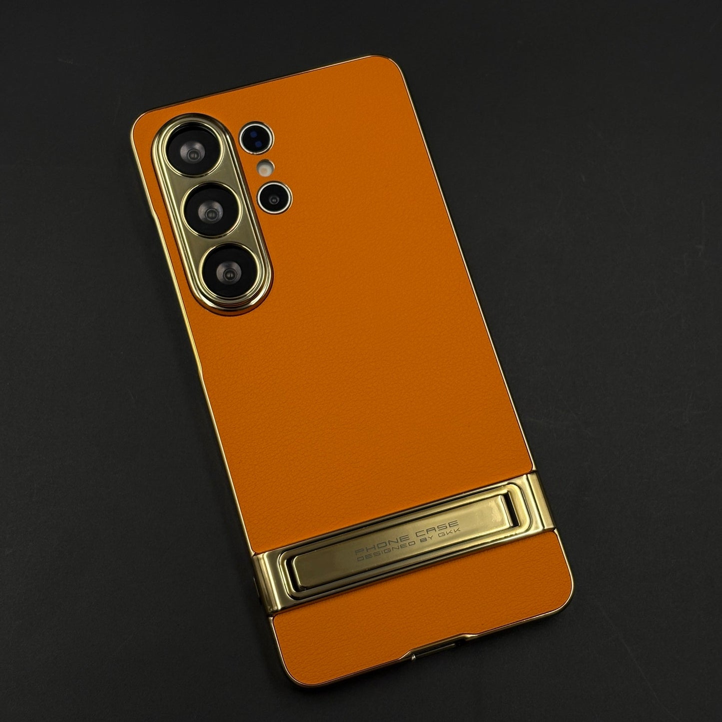 Orange Leather Kickstand Case with Gold Border and Camera Protection for Samsung Galaxy S26 Ultra