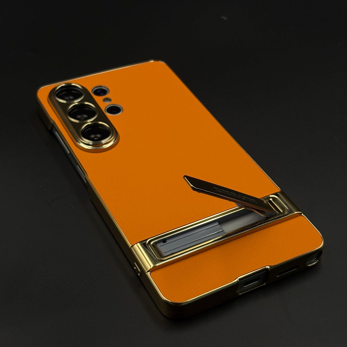 Orange Leather Kickstand Case with Gold Border and Camera Protection for Samsung Galaxy S26 Ultra