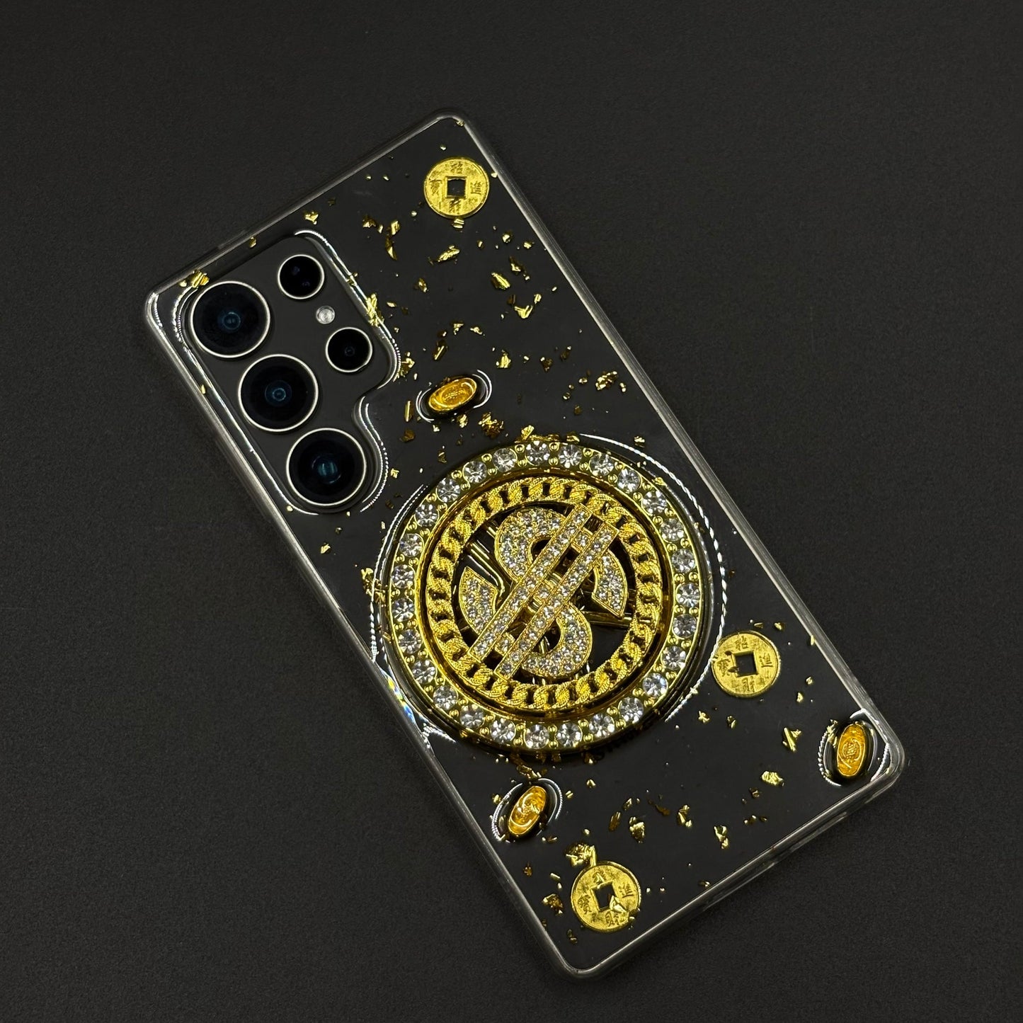 Luxury Rotating Dollar Case for Samsung Galaxy S24 Ultra | Gold Bling Coin Design with Beaded Wrist Strap