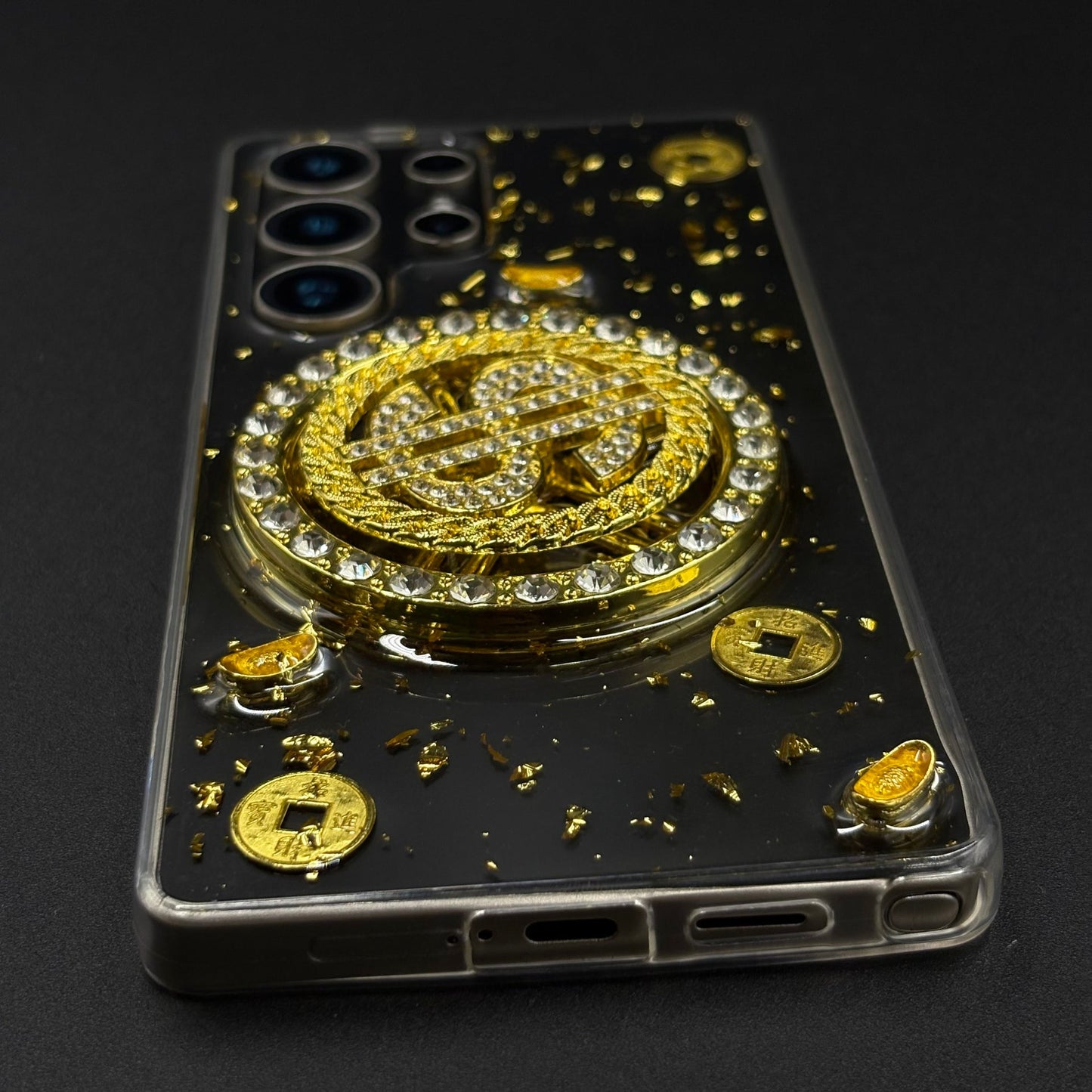 Luxury Rotating Dollar Case for Samsung Galaxy S24 Ultra | Gold Bling Coin Design with Beaded Wrist Strap