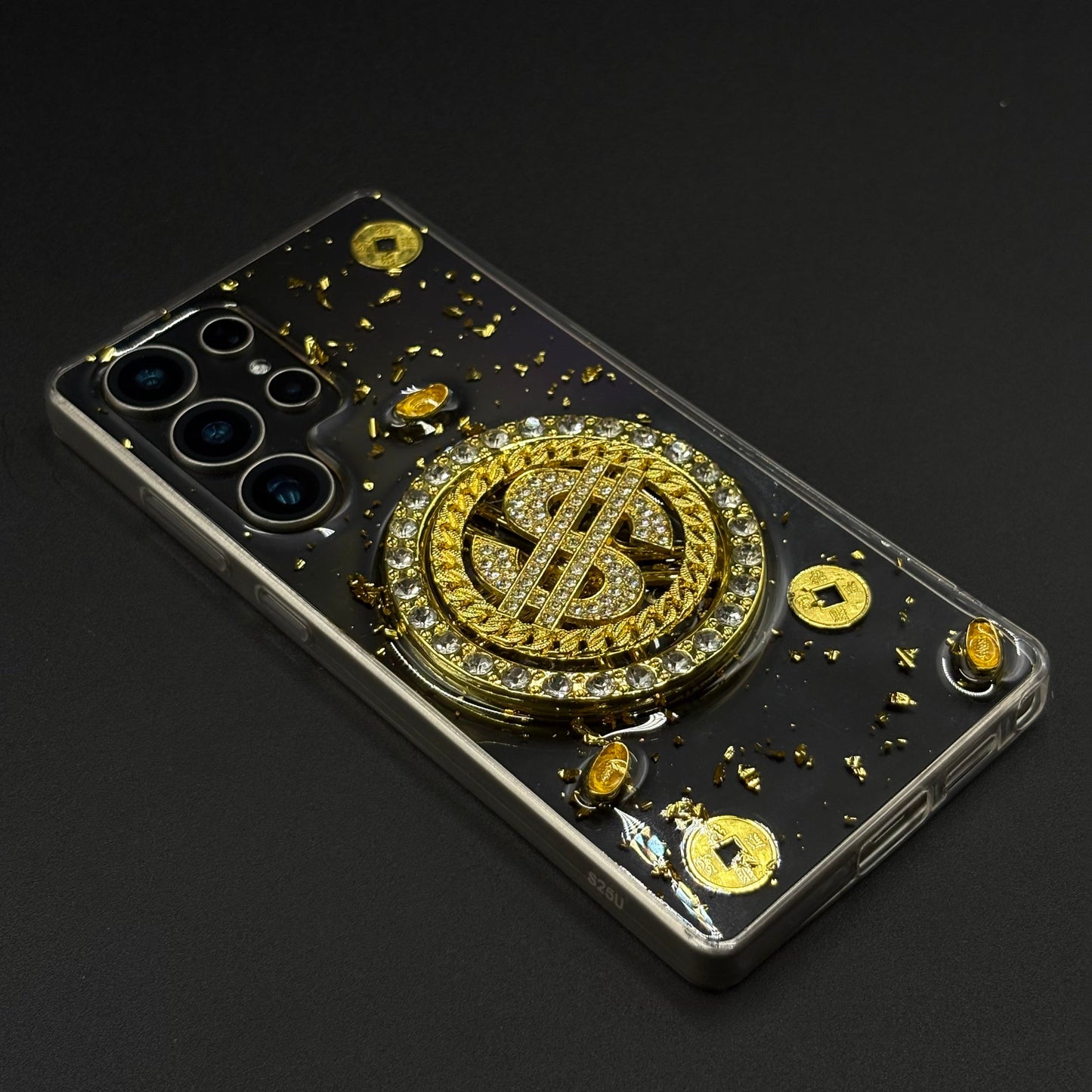 Luxury Rotating Dollar Case for Samsung Galaxy S25 Ultra | Gold Bling Coin Design with Beaded Wrist Strap