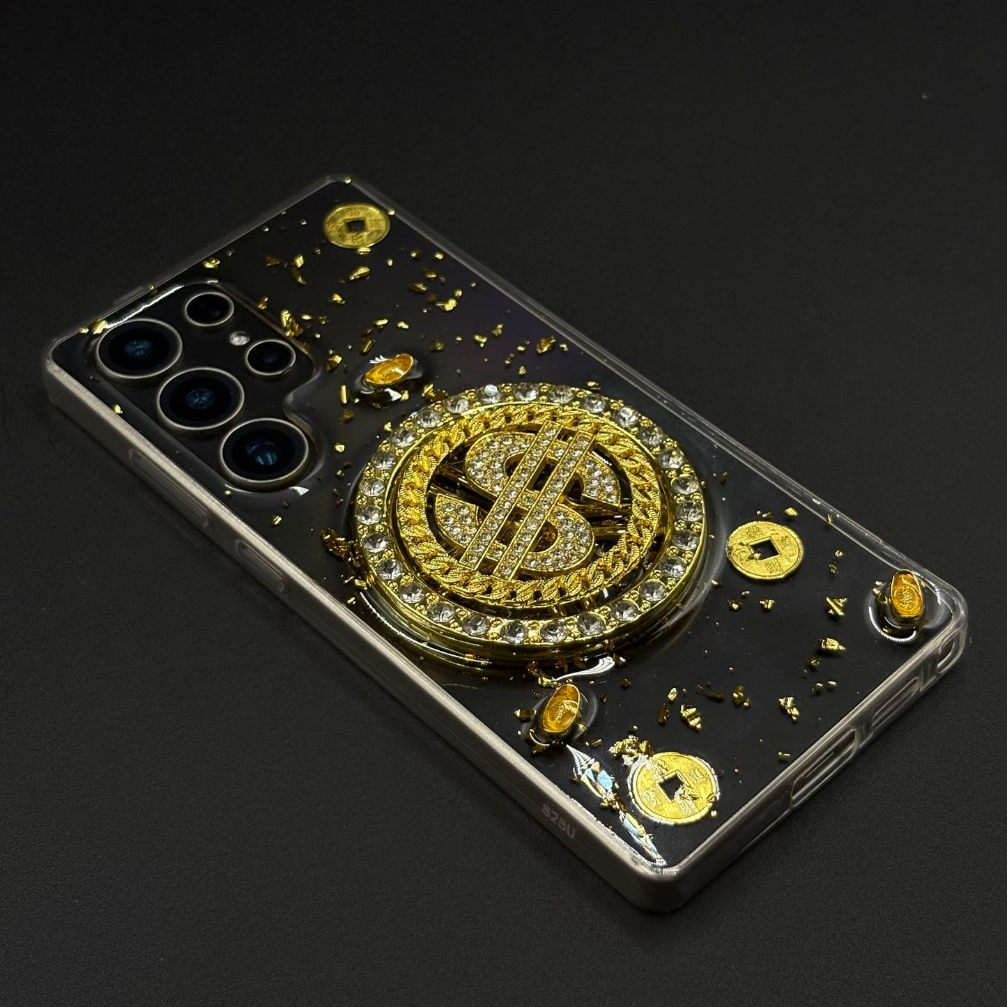 Luxury Rotating Dollar Case for Samsung Galaxy S24 Ultra | Gold Bling Coin Design with Beaded Wrist Strap