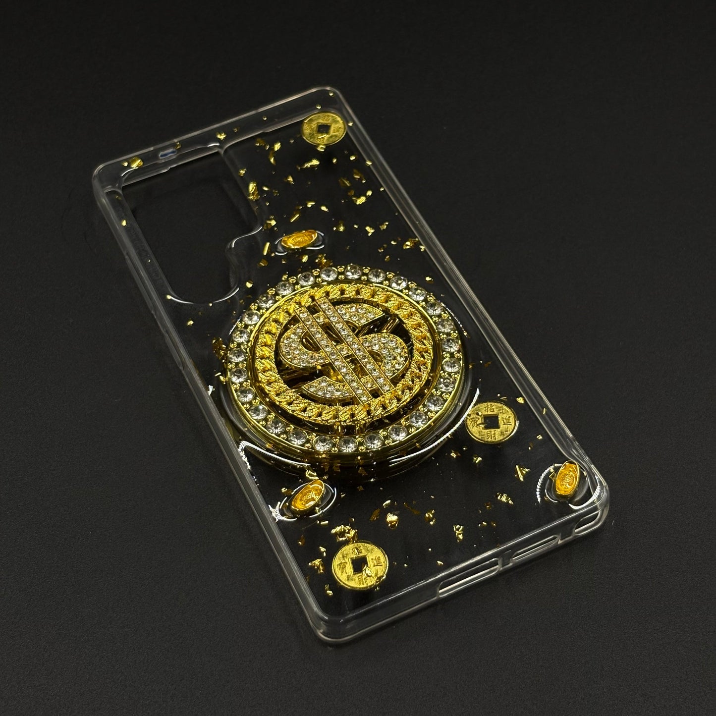 Luxury Rotating Dollar Case for Samsung Galaxy S25 Ultra | Gold Bling Coin Design with Beaded Wrist Strap