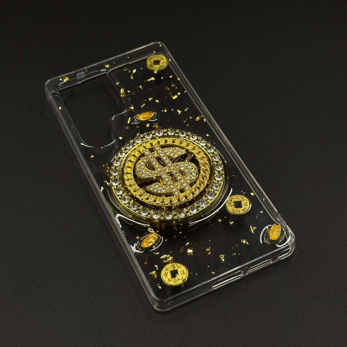 Luxury Rotating Dollar Case for Samsung Galaxy S24 Ultra | Gold Bling Coin Design with Beaded Wrist Strap