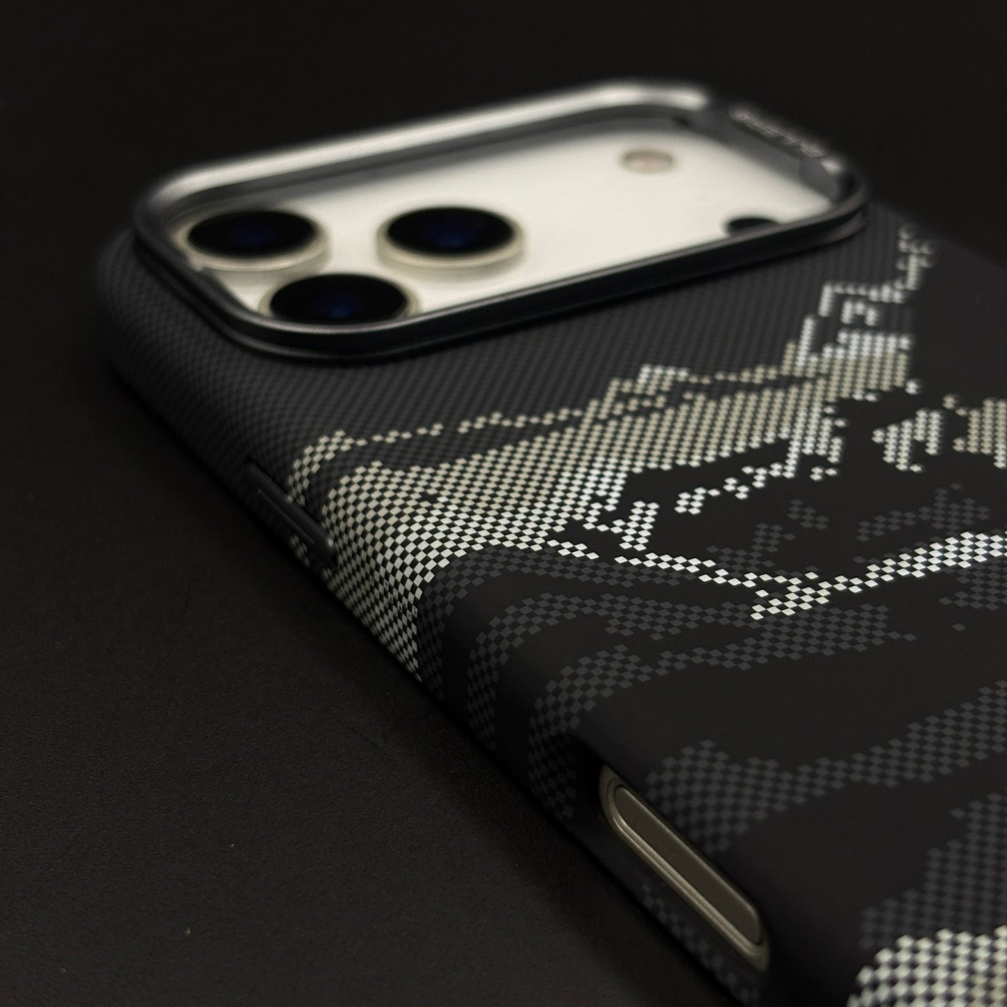 Pixel Camo Black Carbon Fibre Hidden MagSafe Case with Camera Kickstand for iPhone 17 Series
