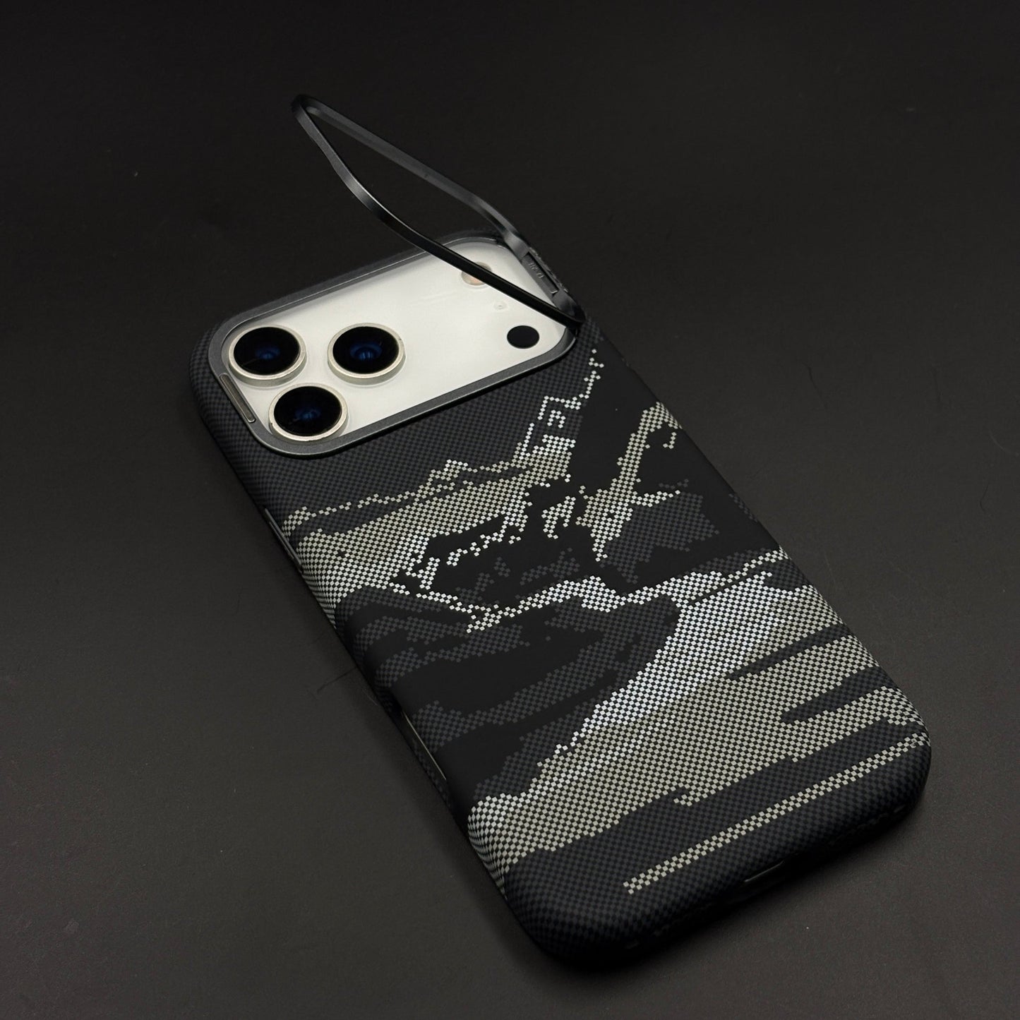 Pixel Camo Black Carbon Fibre Hidden MagSafe Case with Camera Kickstand for iPhone 17 Series