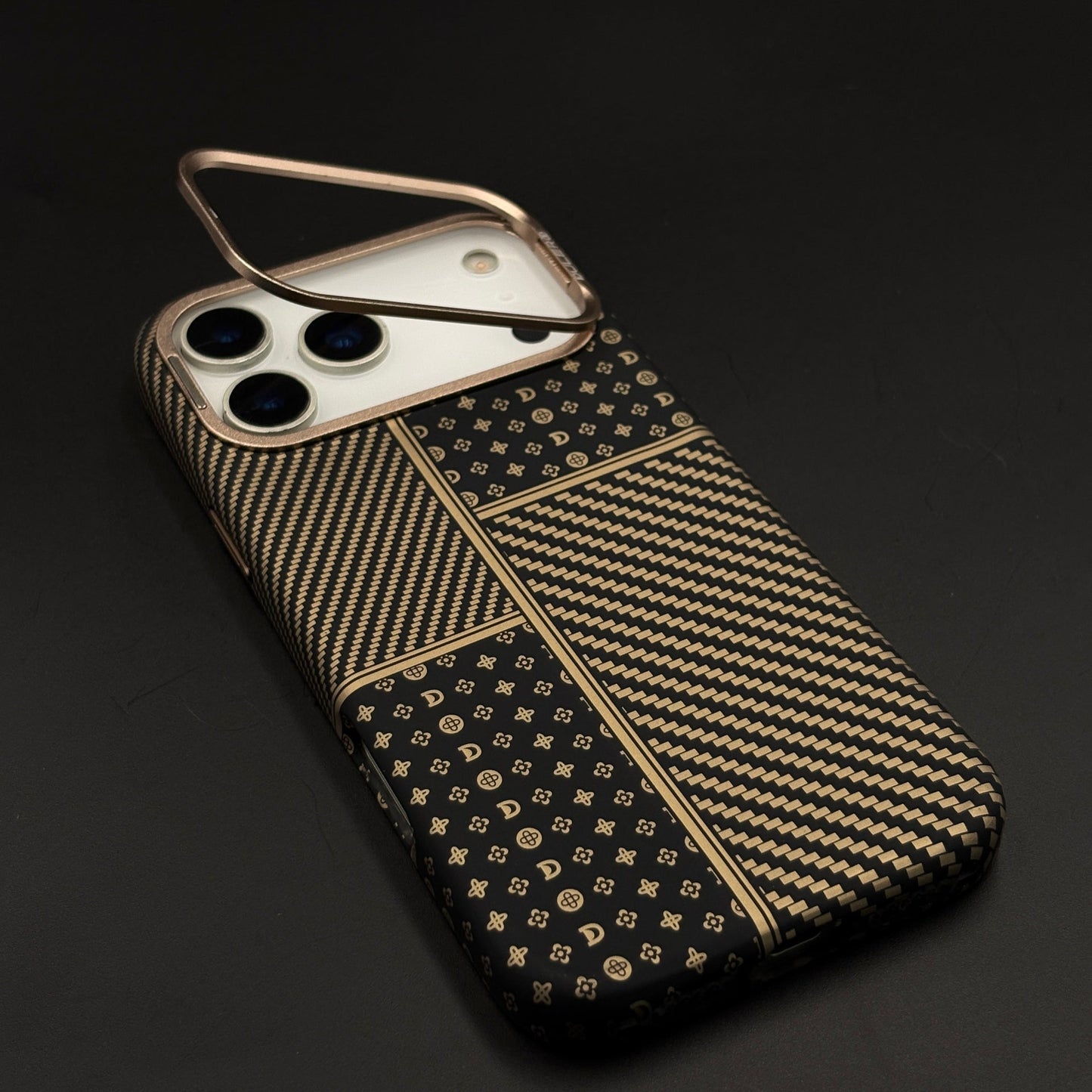 Gold Heritage Carbon Fibre Hidden MagSafe Case with Camera Kickstand for iPhone 17 Series