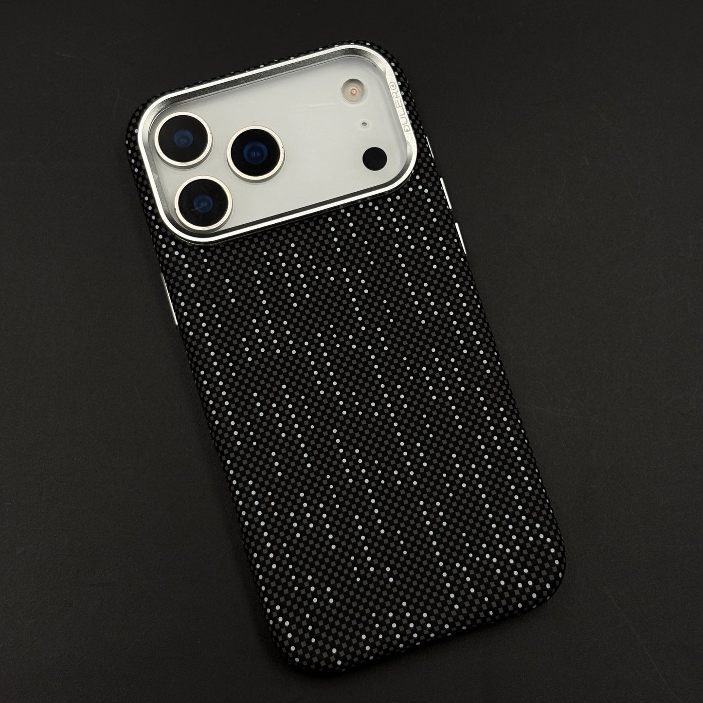 Speckled Night Grid Carbon Fibre Hidden MagSafe Case with Camera Kickstand for iPhone 17 Series