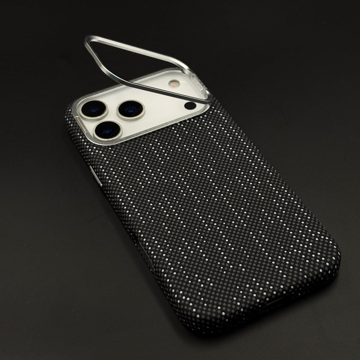 Speckled Night Grid Carbon Fibre Hidden MagSafe Case with Camera Kickstand for iPhone 17 Series